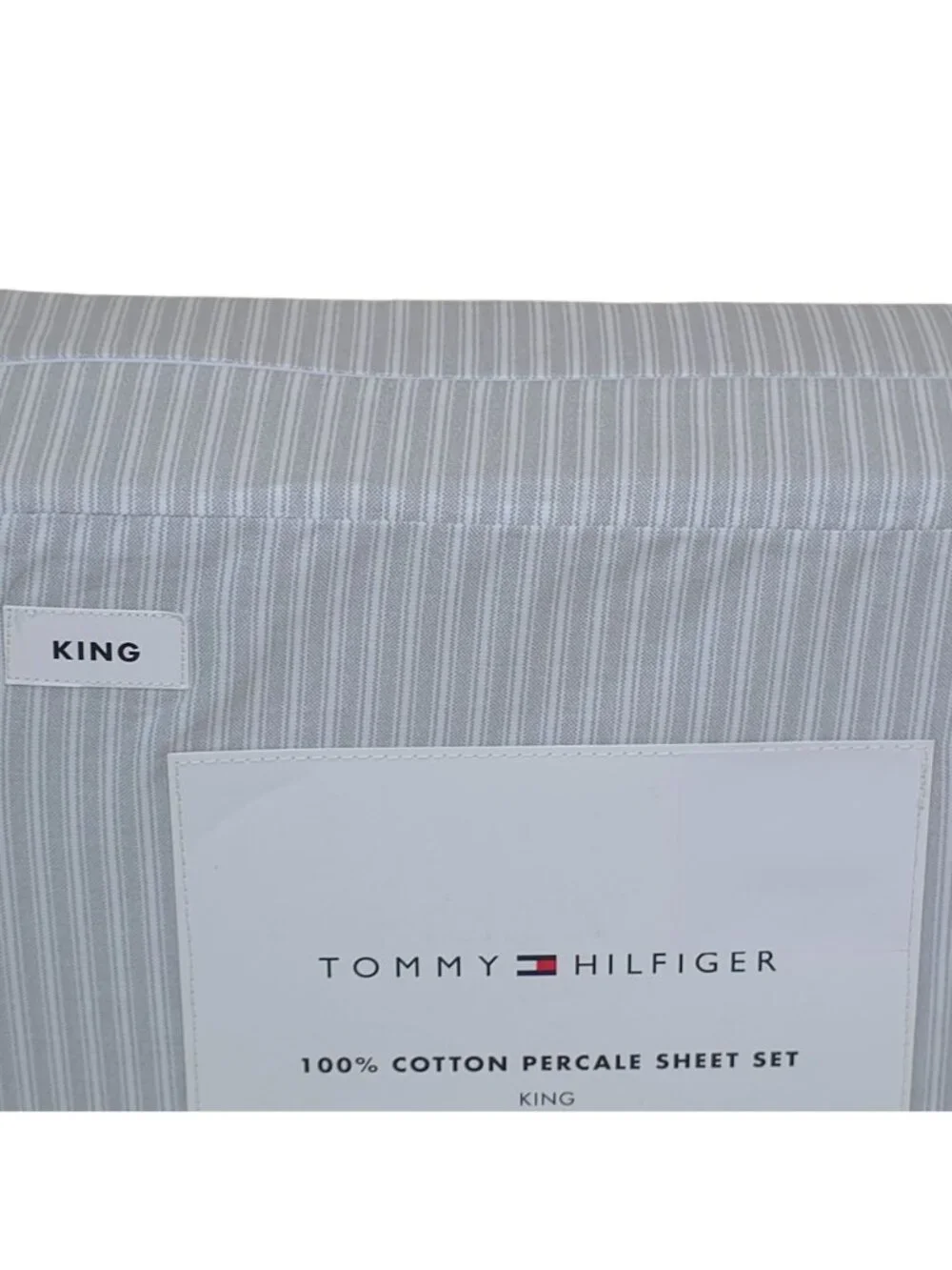 Tommy Hilfiger 100% Cotton Percale King Sheet Set Highland Ticking Stripe Grey